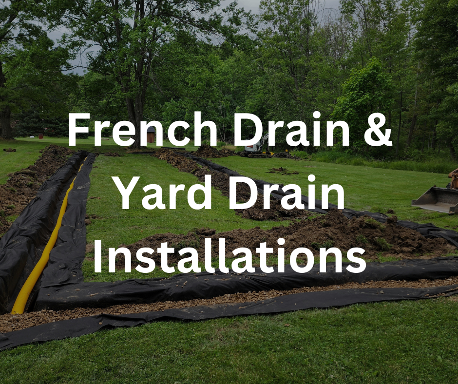 A backyard in the process of installing French drain and yard drain, with trenches dug in the grass, black drainage fabric, and yellow drainage pipes, surrounded by trees.
