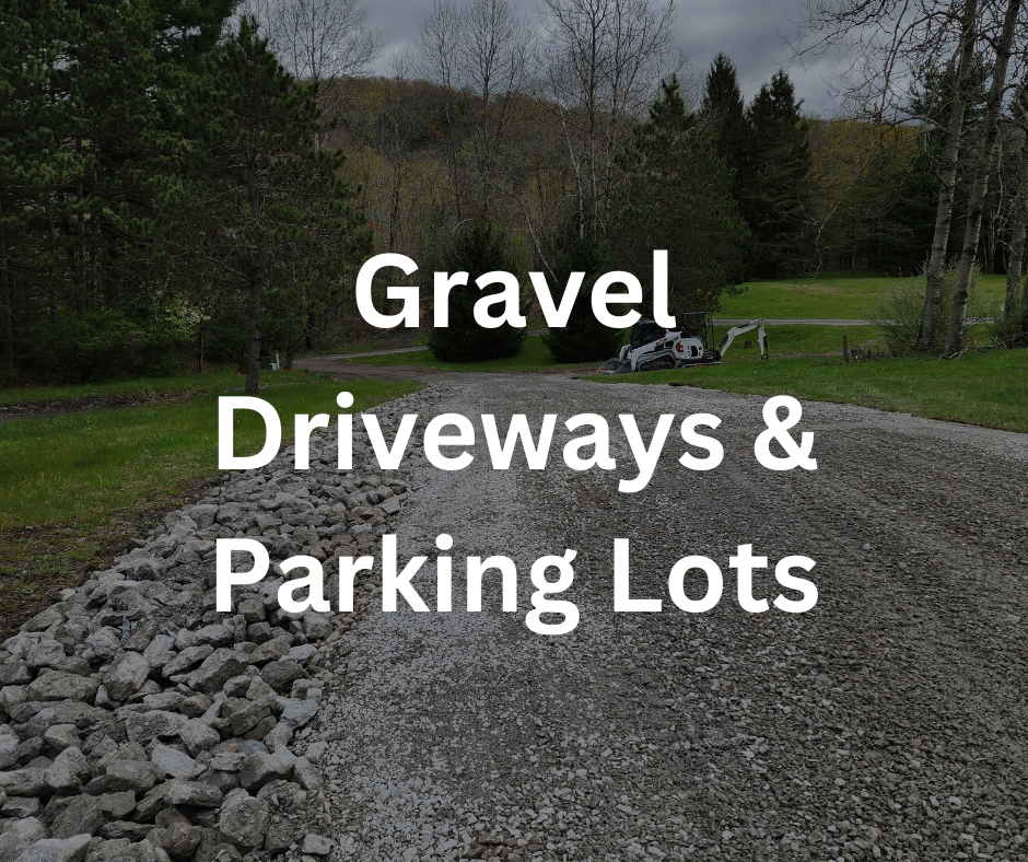 A gravel driveway surrounded by grass, trees, and a cloudy sky, with parking lot space and construction equipment in the background.
