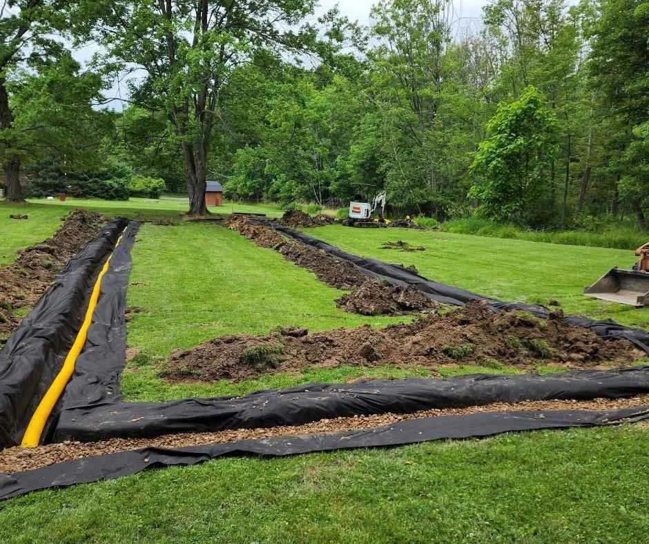 Construction site in a grassy yard with trenches and black plastic sheets, a yellow pipe, and construction equipment in the background, surrounded by trees.