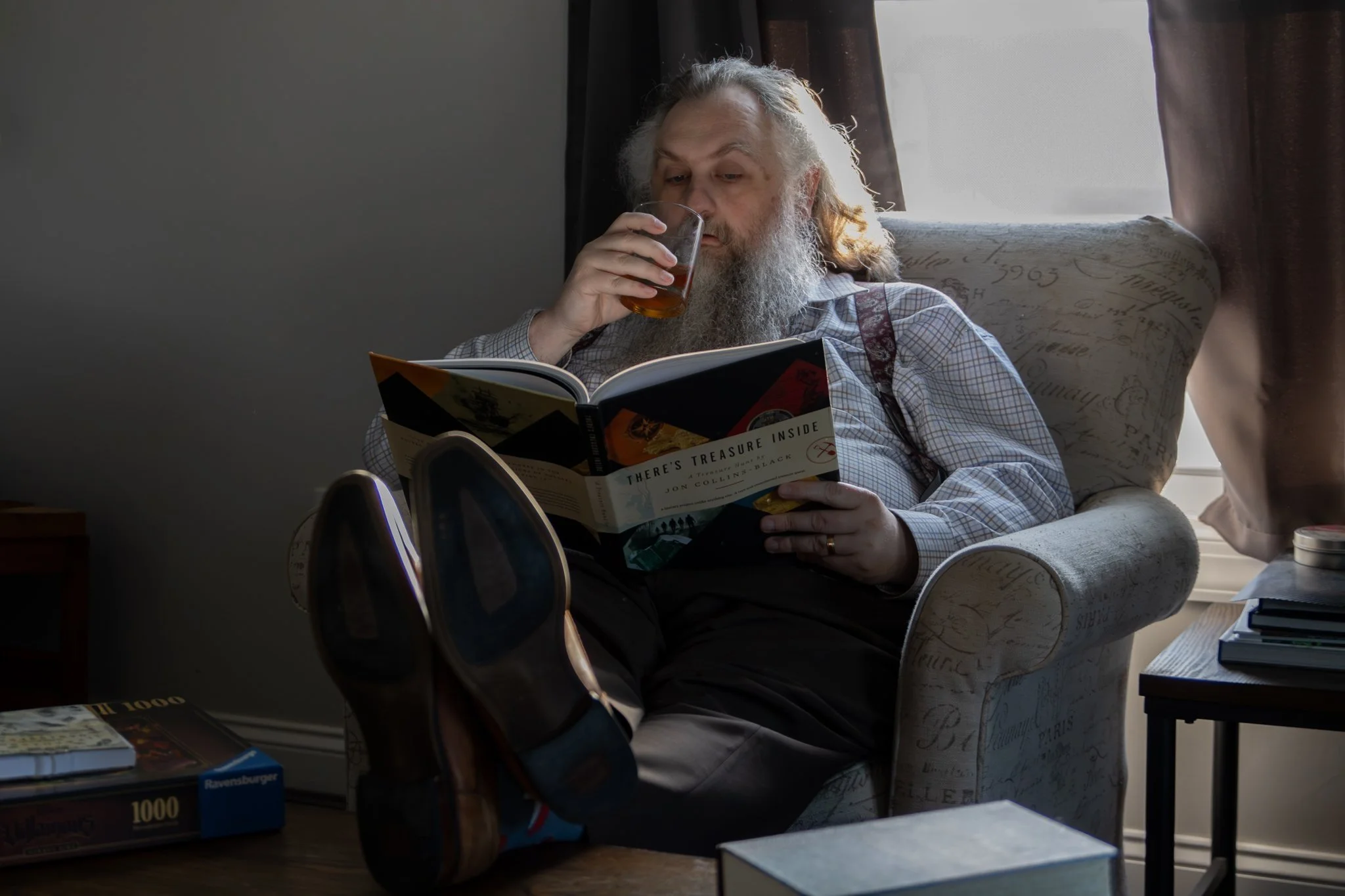 Relaxing with a book and drink after work