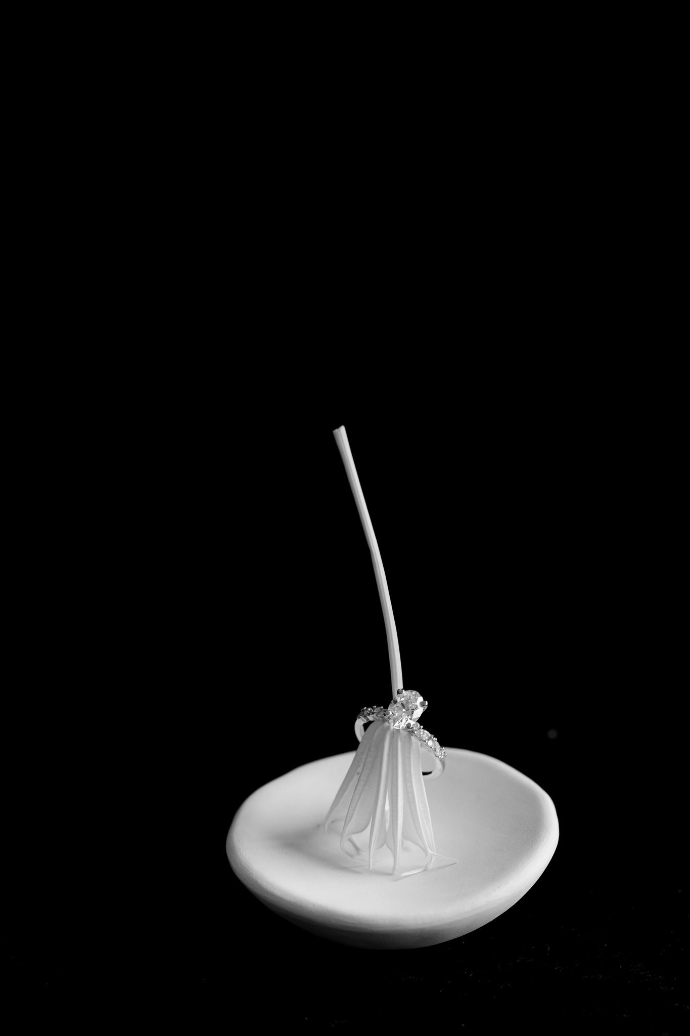 A diamond ring on a cake pop with a white stick, placed on a white plate against a black background.