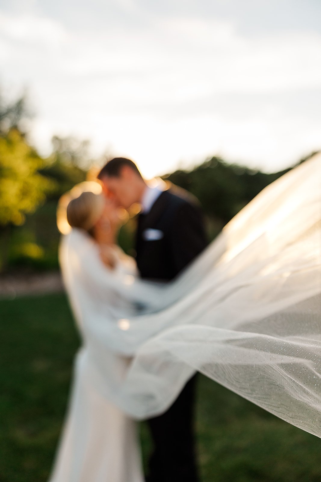 A romantic outdoor wedding scene with a bride and groom kissing, the focus is on the bride's flowing veil in the foreground, with the couple blurred in the background.