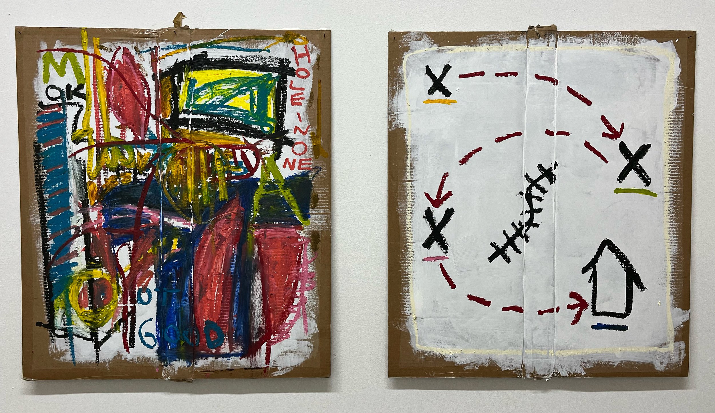 Stitches (two panels). Oil stick on cardboard, 26" × 30" (66.04 × 76.2 cm)