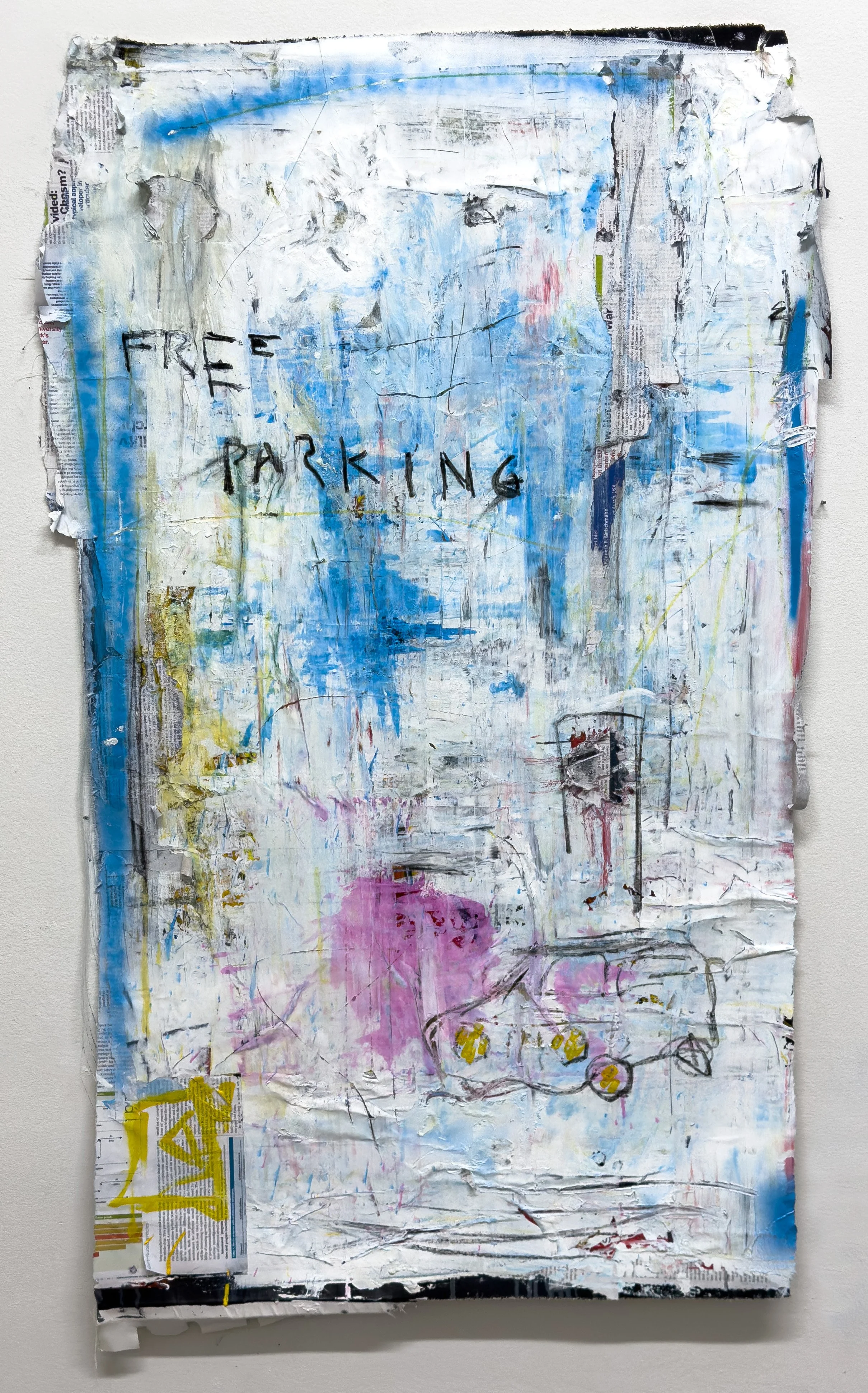 Free Parking. Acrylic, computer ink, charcoal and paper collage on canvas, 26" × 43" (66.04 × 109.22 cm)