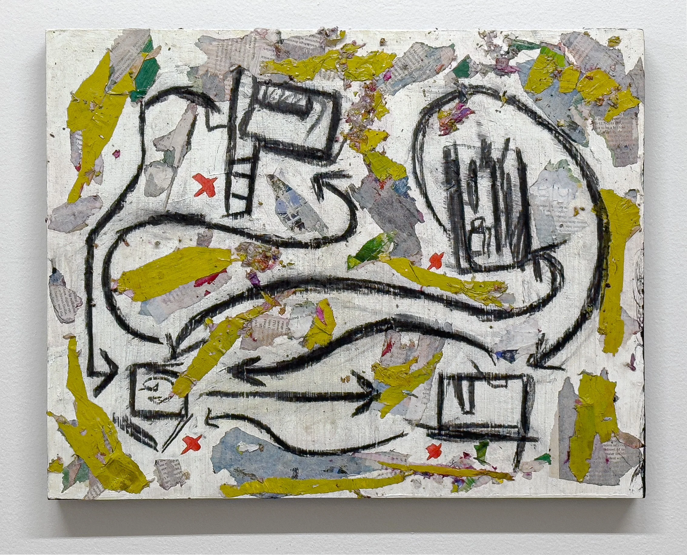 Heading Home. Acrylic, charcoal and paper collage on wood panel, 20" × 16" (50.8 × 40.64 cm) - SOLD