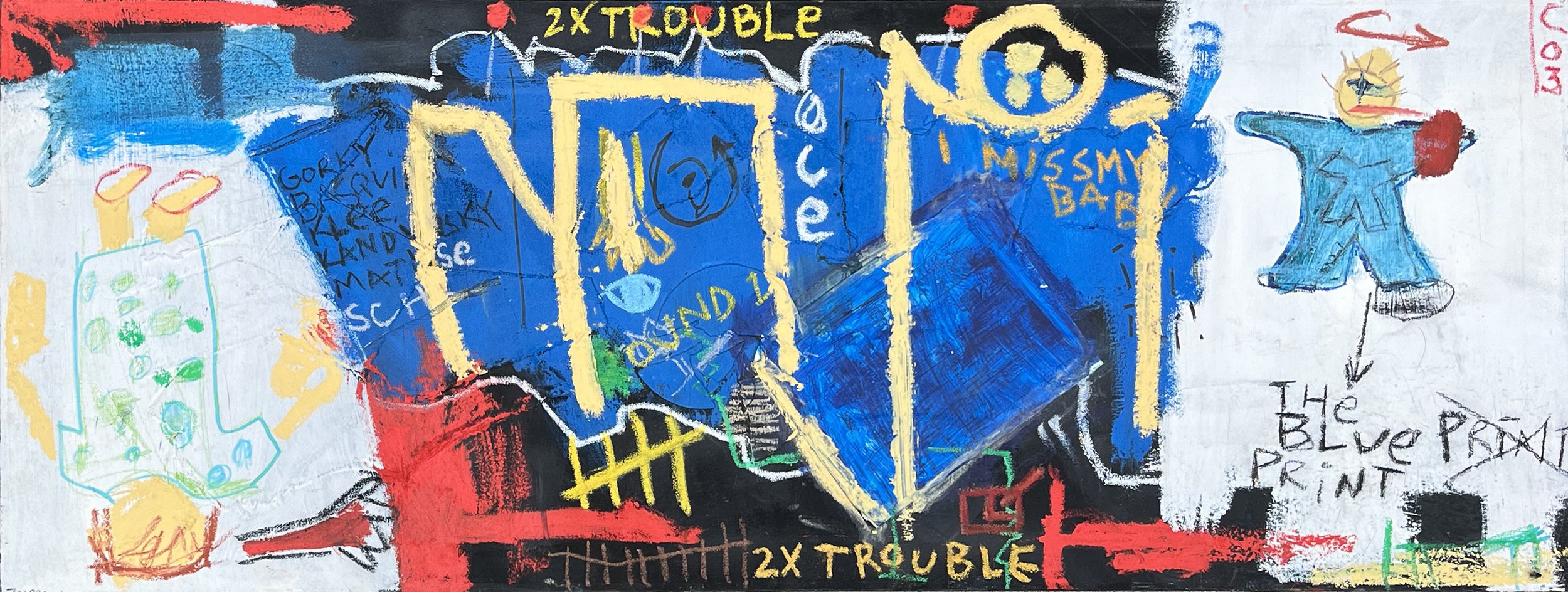 Double Trouble. Acrylic, oilstick, collage, compact disc on canvas, 50" × 19" (127.0 × 48.26 cm)