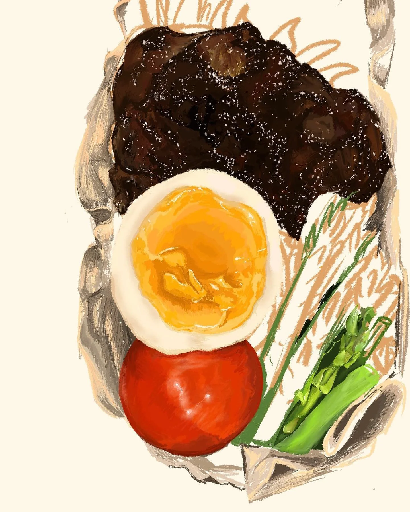 Hello, it&rsquo;s been a while! Here&rsquo;s a progress shot of a digital painting I&rsquo;ve been working on &mdash; my mom makes a bento box for my dad almost everyday, so I wanted to memorialize how beautiful and delicious they always look ☺️ I&rs