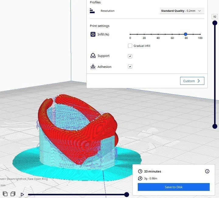 Screenshot of a 3D printing slicing software showing a print ready to be printed, with settings for infill, support, and adhesion, and a pause button.
