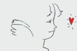 A simple line drawing of a child looking at a small red heart with a dotted outline, symbolizing affection or love.