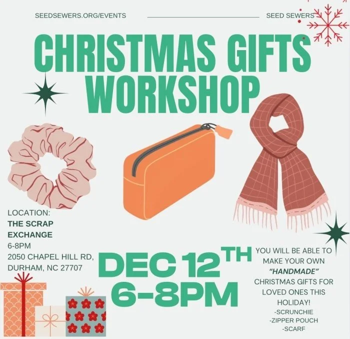Join us for a cozy, creative evening of sewing and gift-making! In this beginner-friendly workshop, students will come together to create handmade Christmas gifts for loved ones this holiday season. Choose from fun and practical projects like scrunch