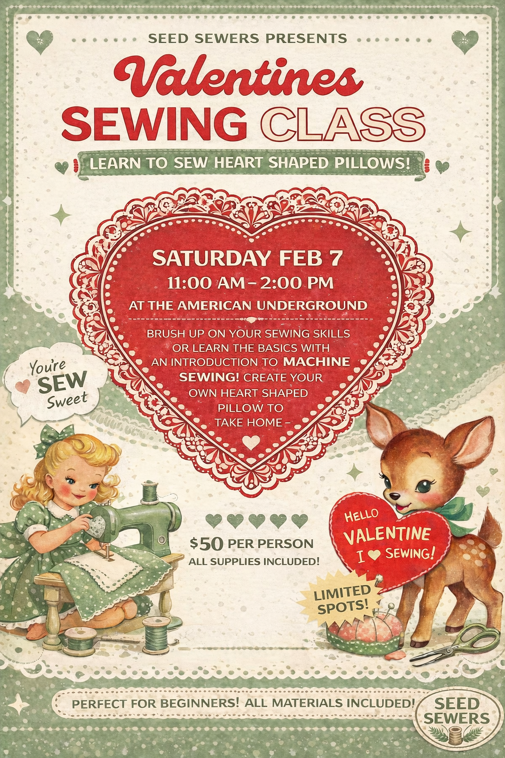 Valentines Day “Heart Shaped Pillow” Class + Intro to Machine Sewing lesson