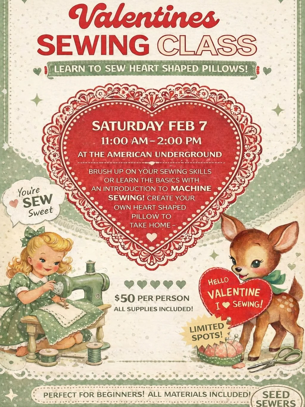 Sewing with love, community, and creativity 💕
Join Seed Sewers for our Heart-Shaped Pillow Sewing Class&mdash;a cozy, beginner-friendly experience where you&rsquo;ll build skills, confidence, and leave with a handmade pillow straight from the heart 