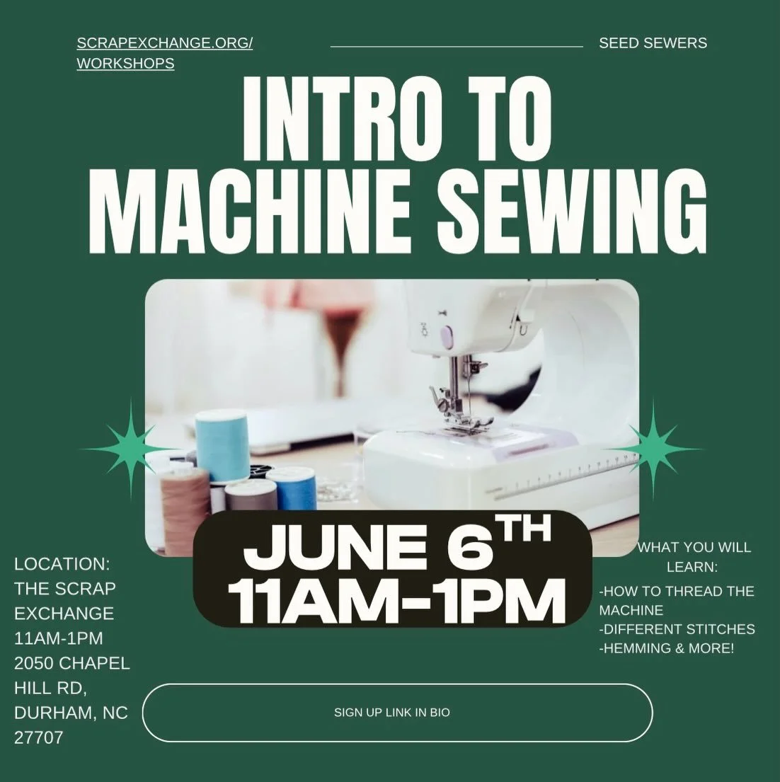 Join me for an Intro to Machine Sewing workshop at the Scrap Exchange! Whether you&rsquo;ve never touched a sewing machine before or just want a refresher, this class is designed to help you feel comfortable and confident getting started.

You&rsquo;