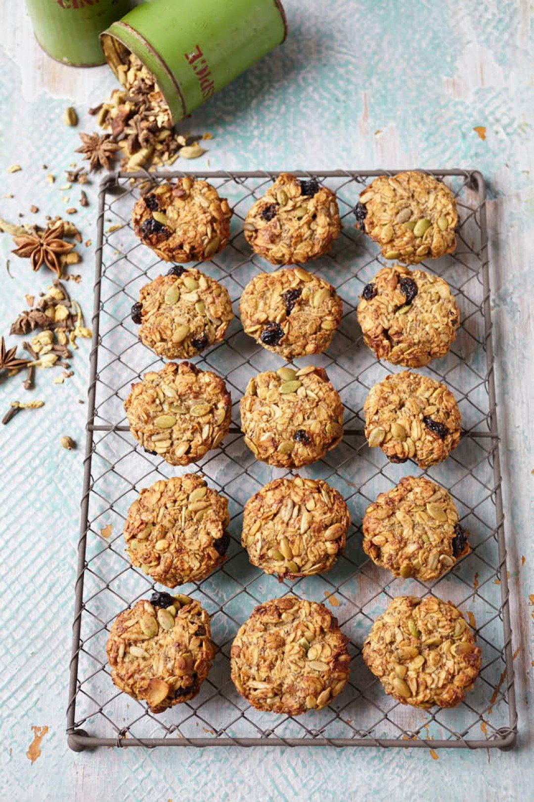 Chai Spiced Oat &amp; Seed Cookies

Perfect as your morning or afternoon snack with your tea or coffee. They have no added sugar, deliver the good fats from extra virgin olive oil, almonds and seeds, have only 12g of carbohydrate and 700kJ per cookie