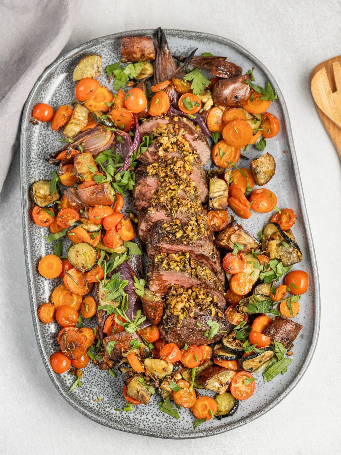 One of my favourite beef recipes:

Pistachio Crusted Tenderloin with Balsamic Glaze

Ingredients
500g beef tenderloin, trimmed
2 tbsp extra virgin olive oil, divided
3 garlic cloves, minced
2 tbsp fresh rosemary, finely chopped
2 tbsp fresh thyme, fi