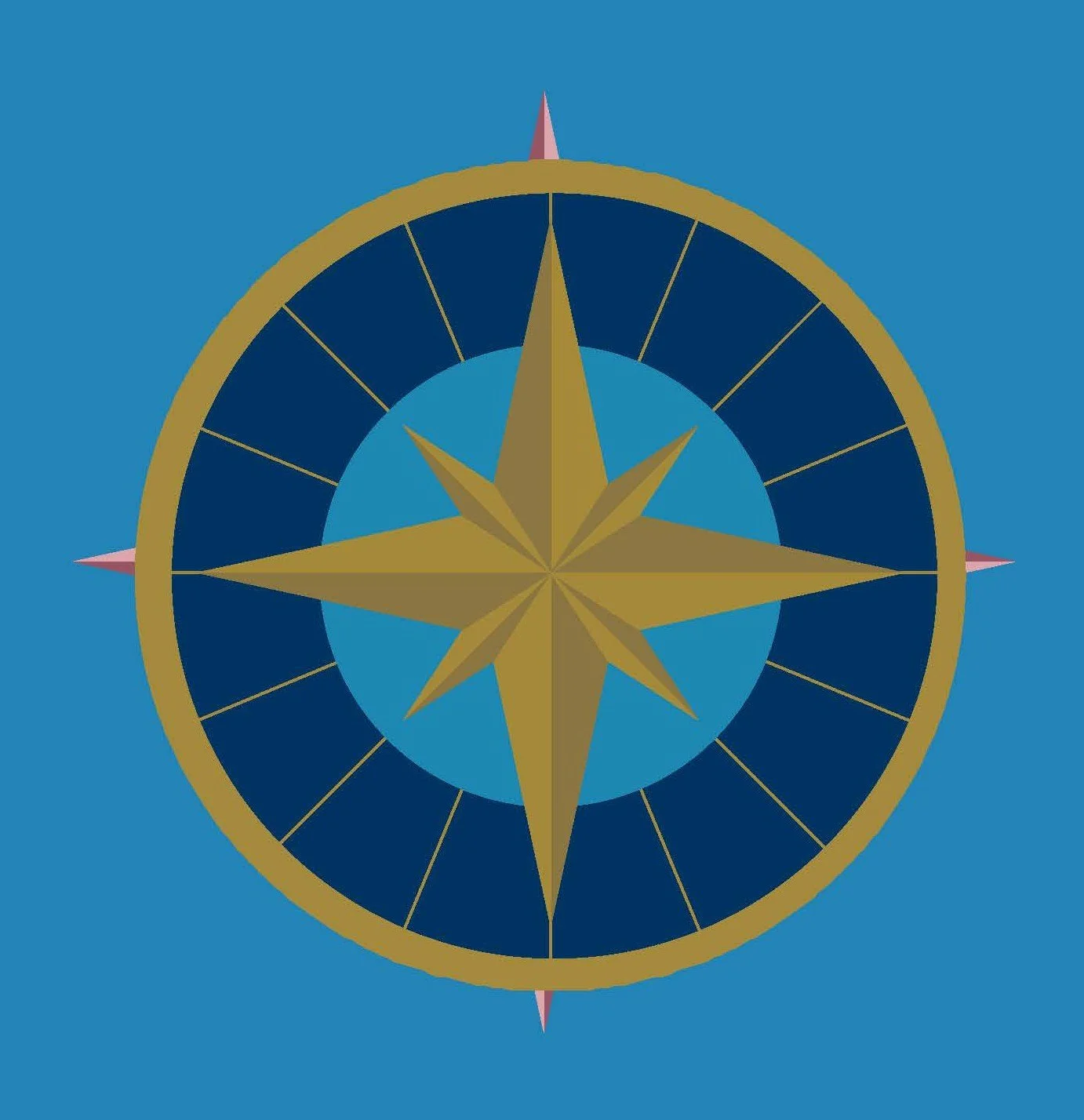 A decorative compass with a gold and dark blue design on a blue background.