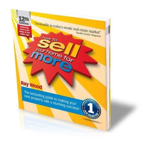 "How to Sell Your Home for More" book cover, 12th edition by Ray Wood, featuring a red starburst design and a yellow background with blue and red text.