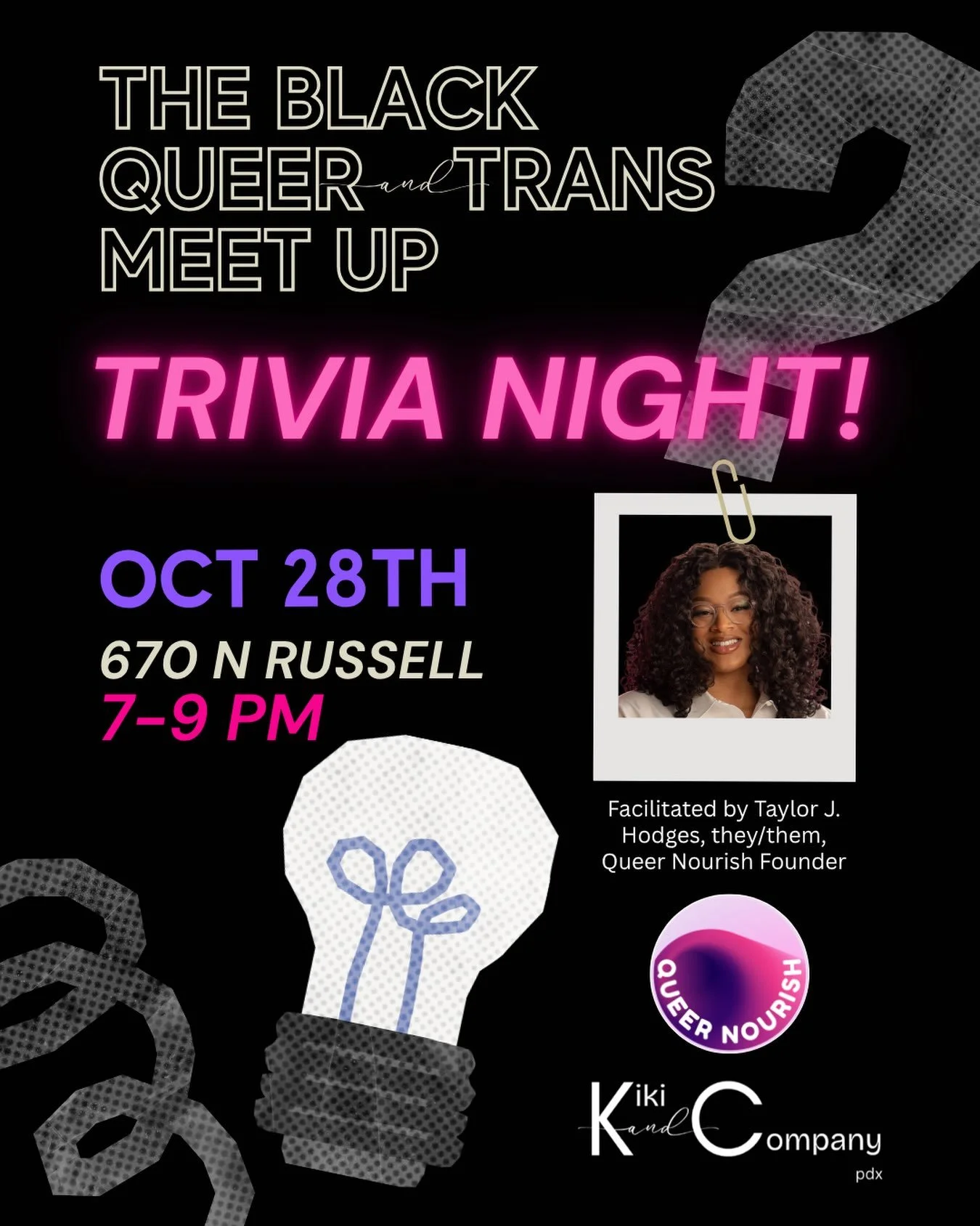 🗣️I'm heading on over to @kikiandcompanypdx for Black QT Trivia Night! ☺️🩷✨ I'll be getting into bite-sized bits of Black queer and trans history. We'll delve into our history across the centuries, taking time to explore the lives and accomplishmen