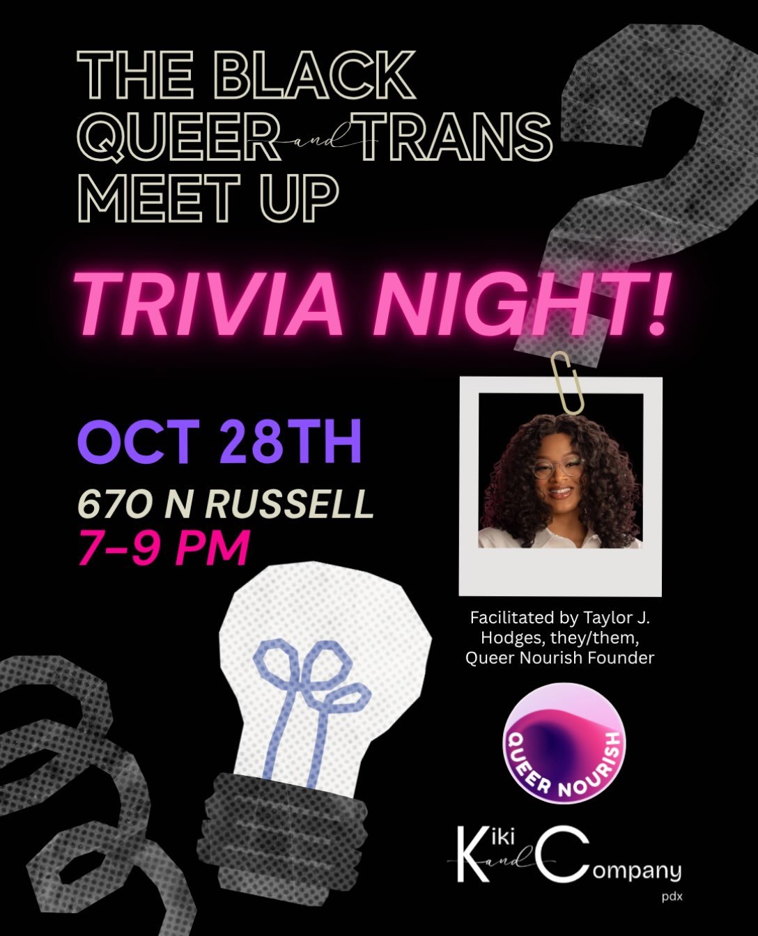 🗣️HAPPENING TONIGHT!!!! 🩷 I'm hosting Black QT Trivia Night for @kikiandcompanypdx! 🤩🌈✨ I'll be getting into bite-sized bits of Black queer and trans history and culture. We'll delve into our history across the centuries, taking time to explore t