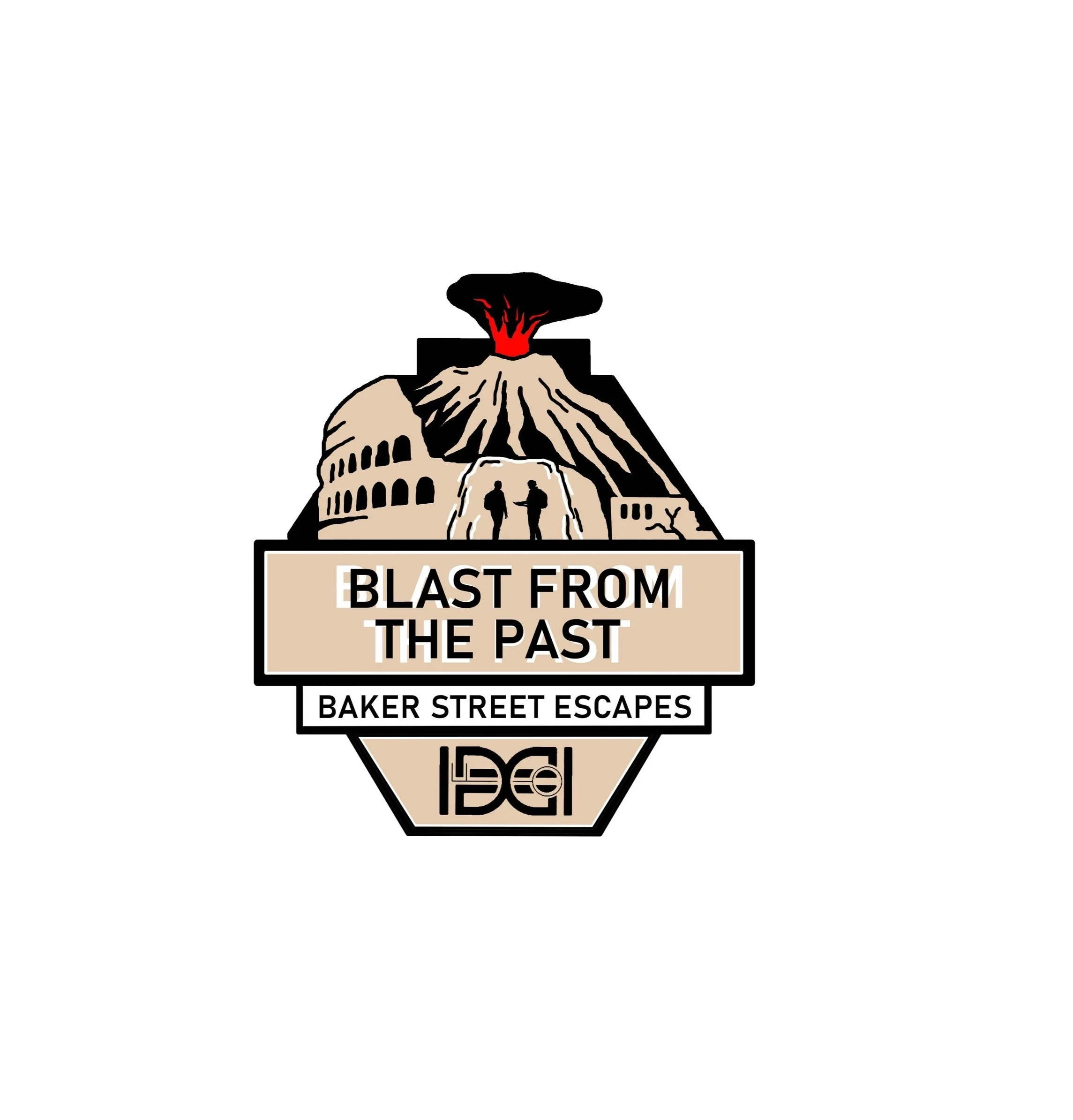 Logo featuring a volcanic eruption, ancient ruins, and a banner with the text 'Blast from the Past' and 'Baker Street Escapes' for an escape room company.