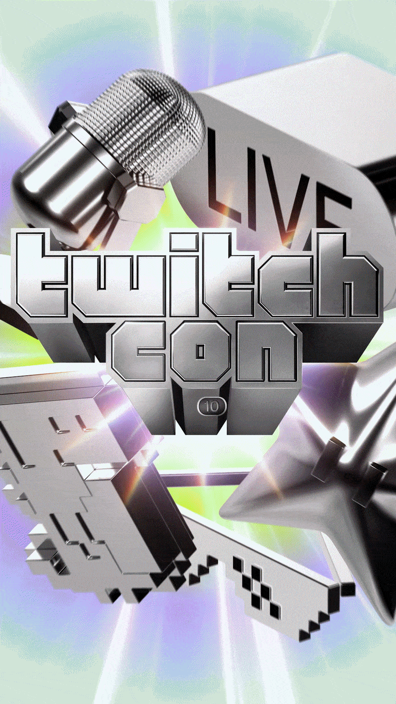 Futuristic digital design with metallic and digital elements, including a microphone, the words "LIVE" and "twitch.com" in bold, with a glowing, holographic background.