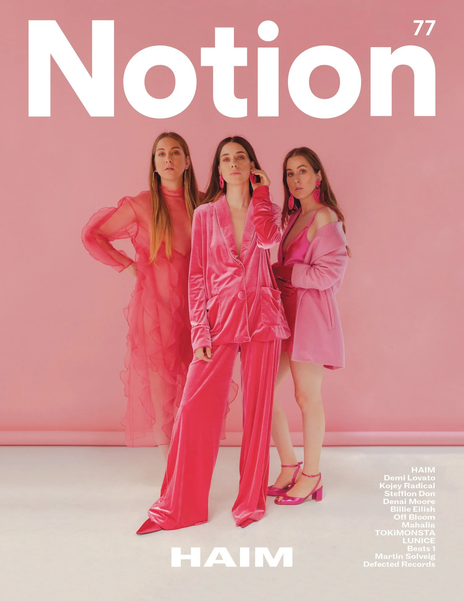 Magazine cover featuring three women dressed in pink outfits, standing against a pink background, with the title 'Notion' at the top and list of featured names at the bottom.