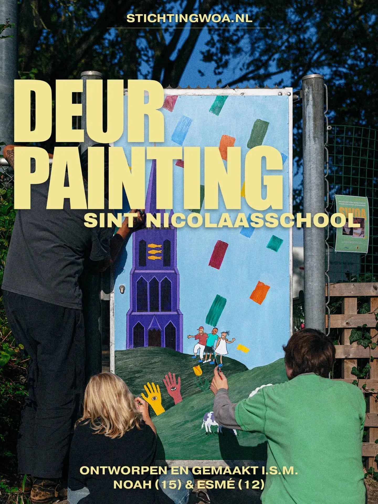 Van grijs en kaal naar kleurrijk en betekenisvol!

Samen met Noah (15) en Esm&eacute; (12) transformeerden we deze metalen kleuterpoort bij de Sint Nicolaasschool tot een blikvanger vol lokale symboliek. De Cunerakerk, spelende kinderen ge&iuml;nspir