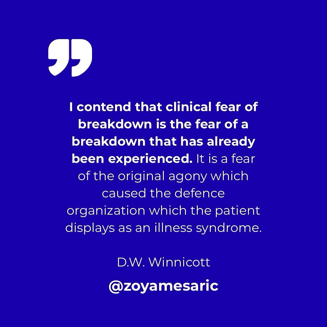 Winnicott didn&rsquo;t describe the fear of breakdown as anticipatory, but as the trace of something already lived, yet never experienced. The defences that hold us together are built around that unexperienced agony. Psychonalysis, when it works, doe