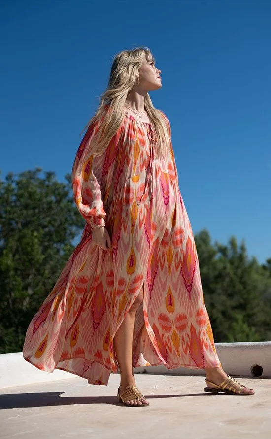 Grace Ikat Print Maxi Dress Pink  Lyrical Sisters Studio Easy to Wear  Collections for Work, Play, Travel, Fun and Wild Adventures