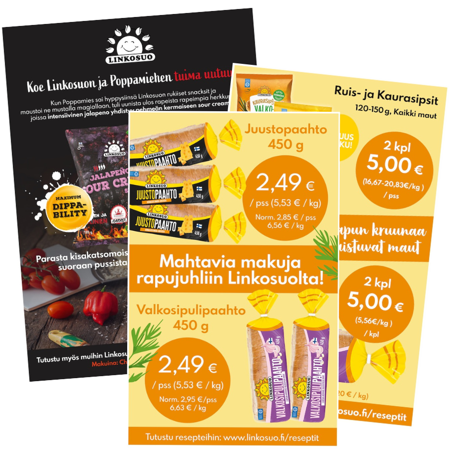 Graafinen suunnittelija tekee yritykselle brändin mukaiset  materiaalit, kuten lehtimainokset