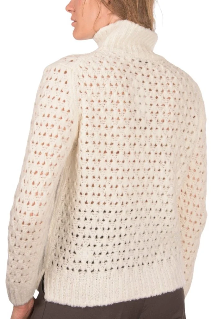 Lochstrick Pullover mit hohem Rollkragen in creme weiß, Rückansicht