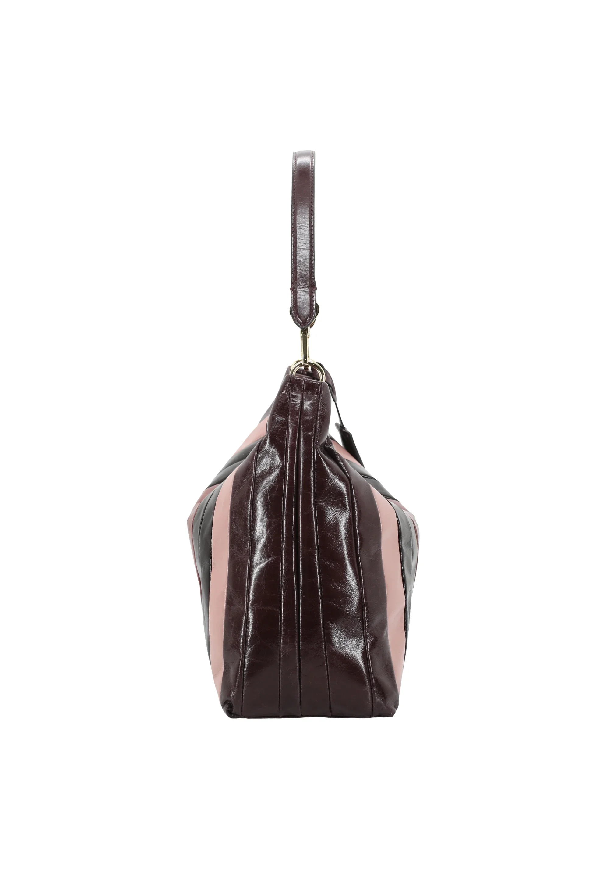 Eckige Tasche von Abro aus glänzendem Leder in dunkelbraun-rosé gestreift.