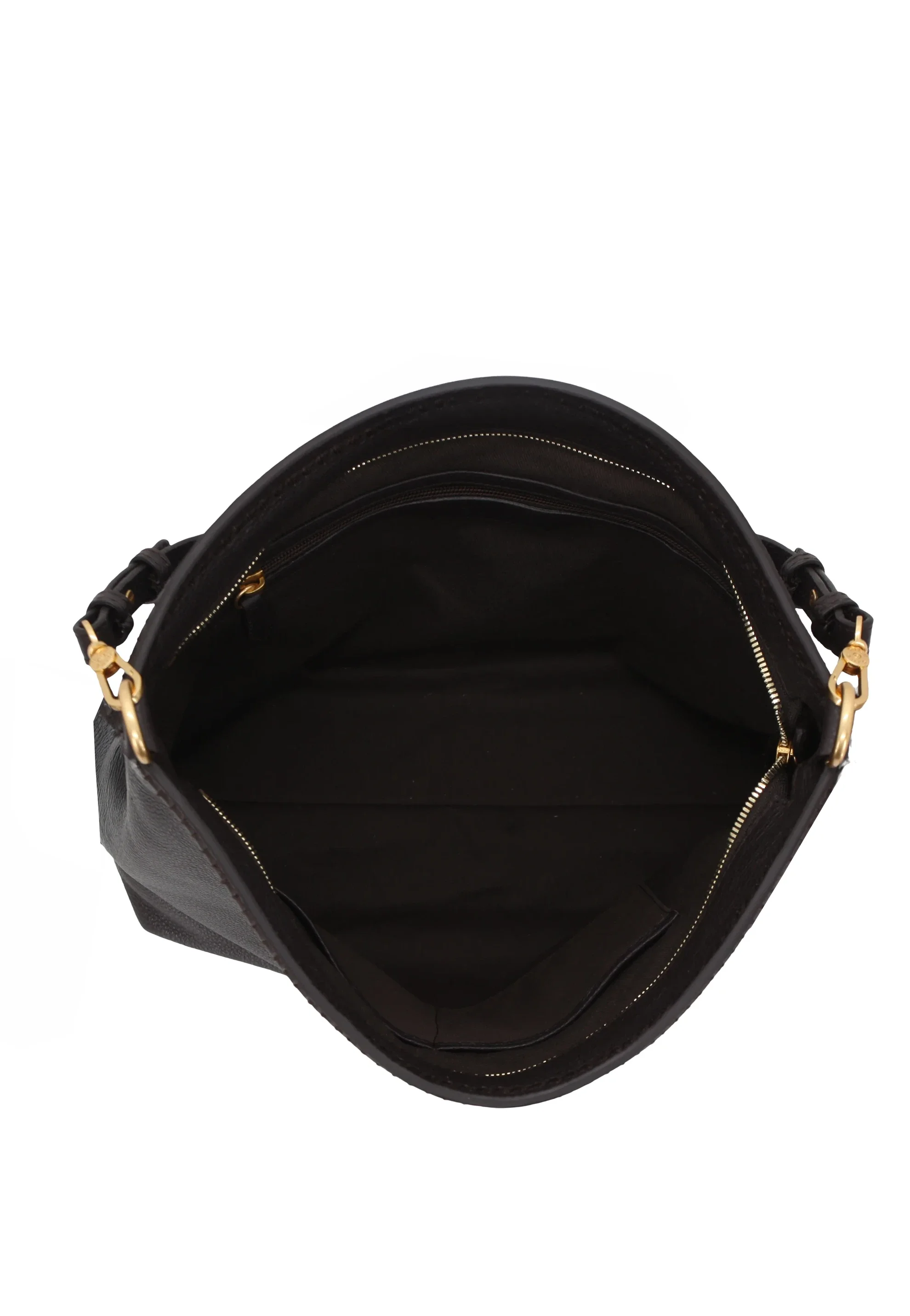 Dunkelbraune Abro Tasche "Beutel SIGNATURE" aus Leder, goldene Hardware und mehrere Innentaschen.