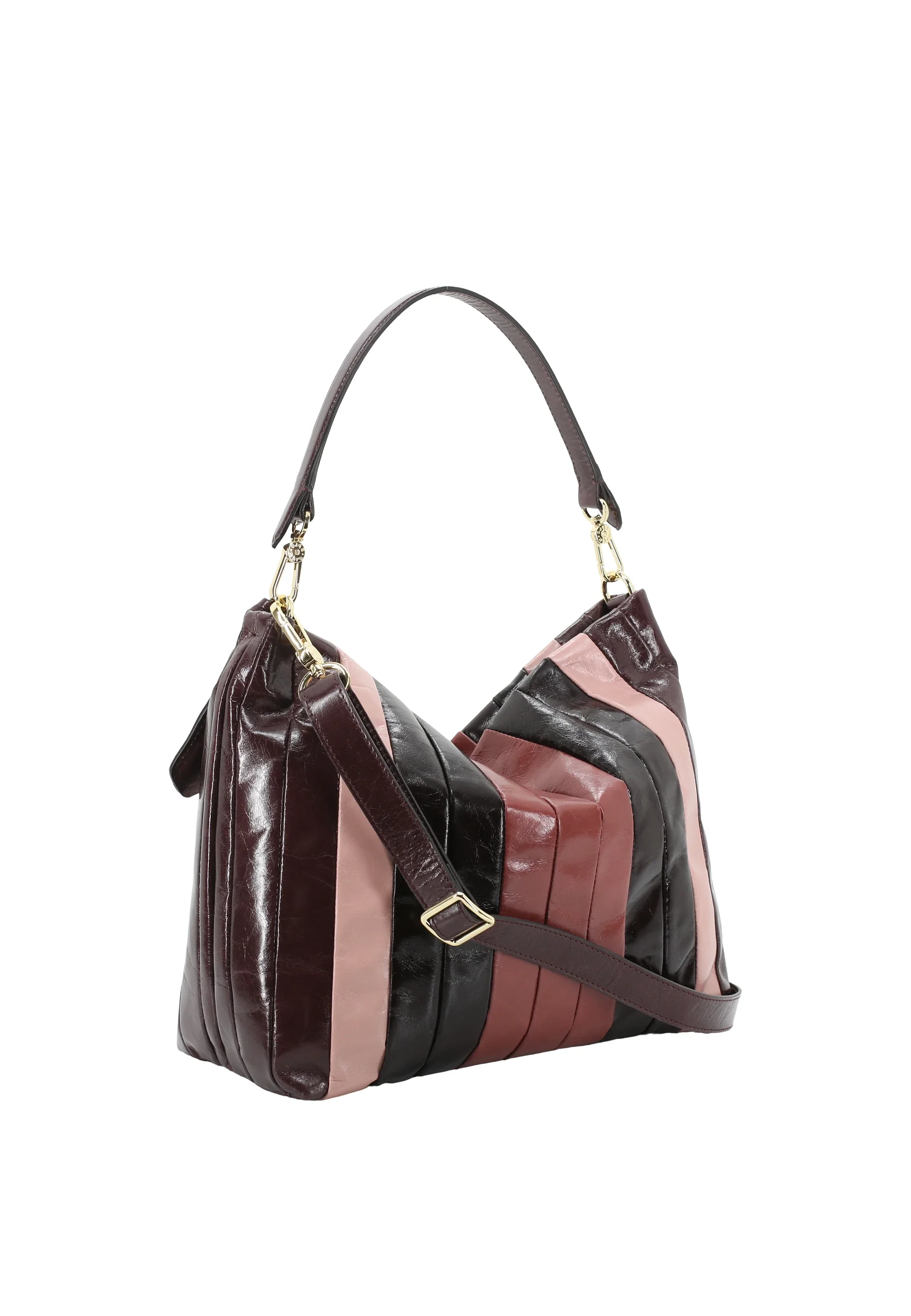 Eckige Tasche von Abro aus glänzendem Leder in dunkelbraun-rosé gestreift.