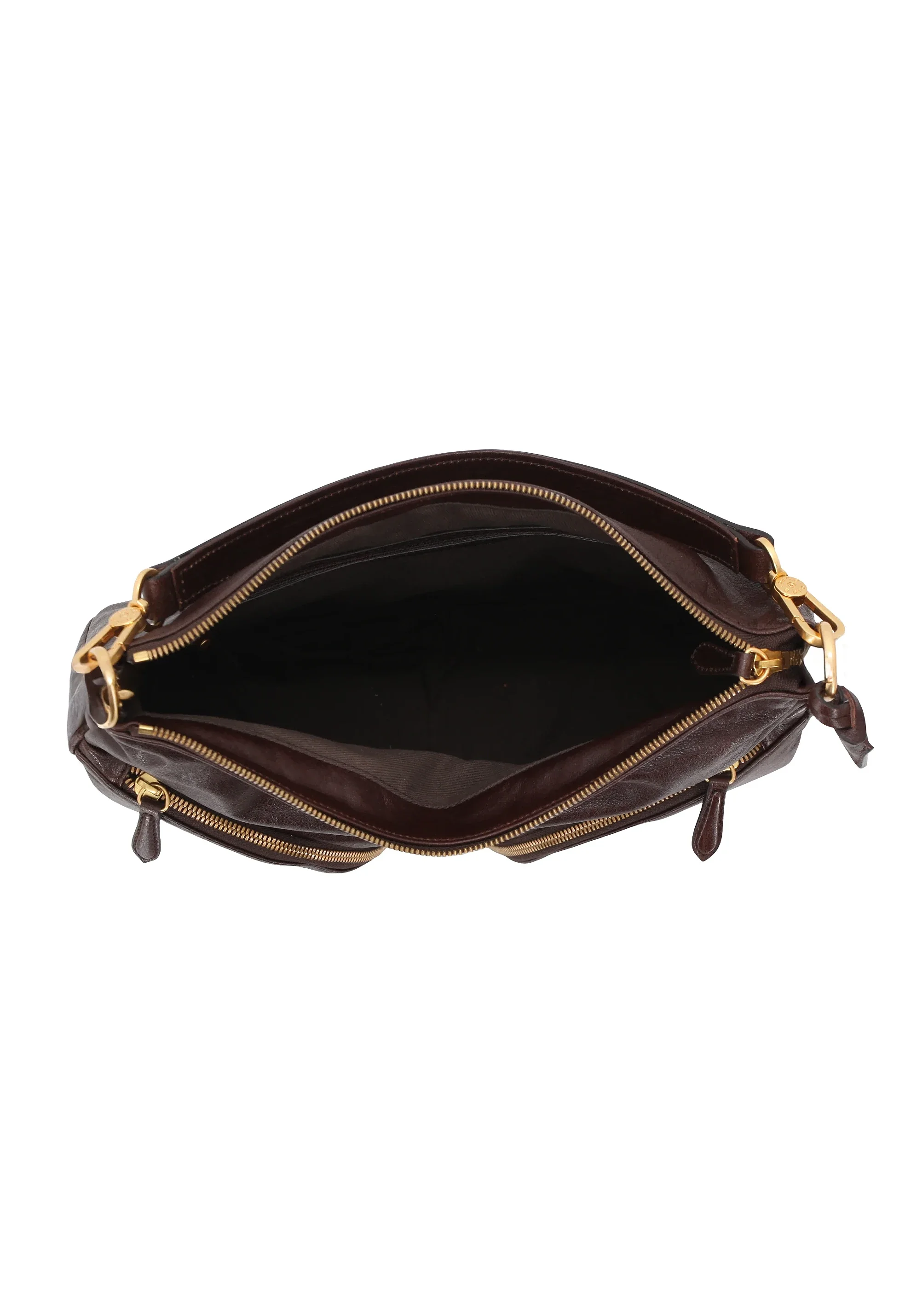 Dunkelbraune Abro-Tasche aus leicht strukturiertem Leder, zwei verschiedene Tragegurte und Reißverschluss in gold.