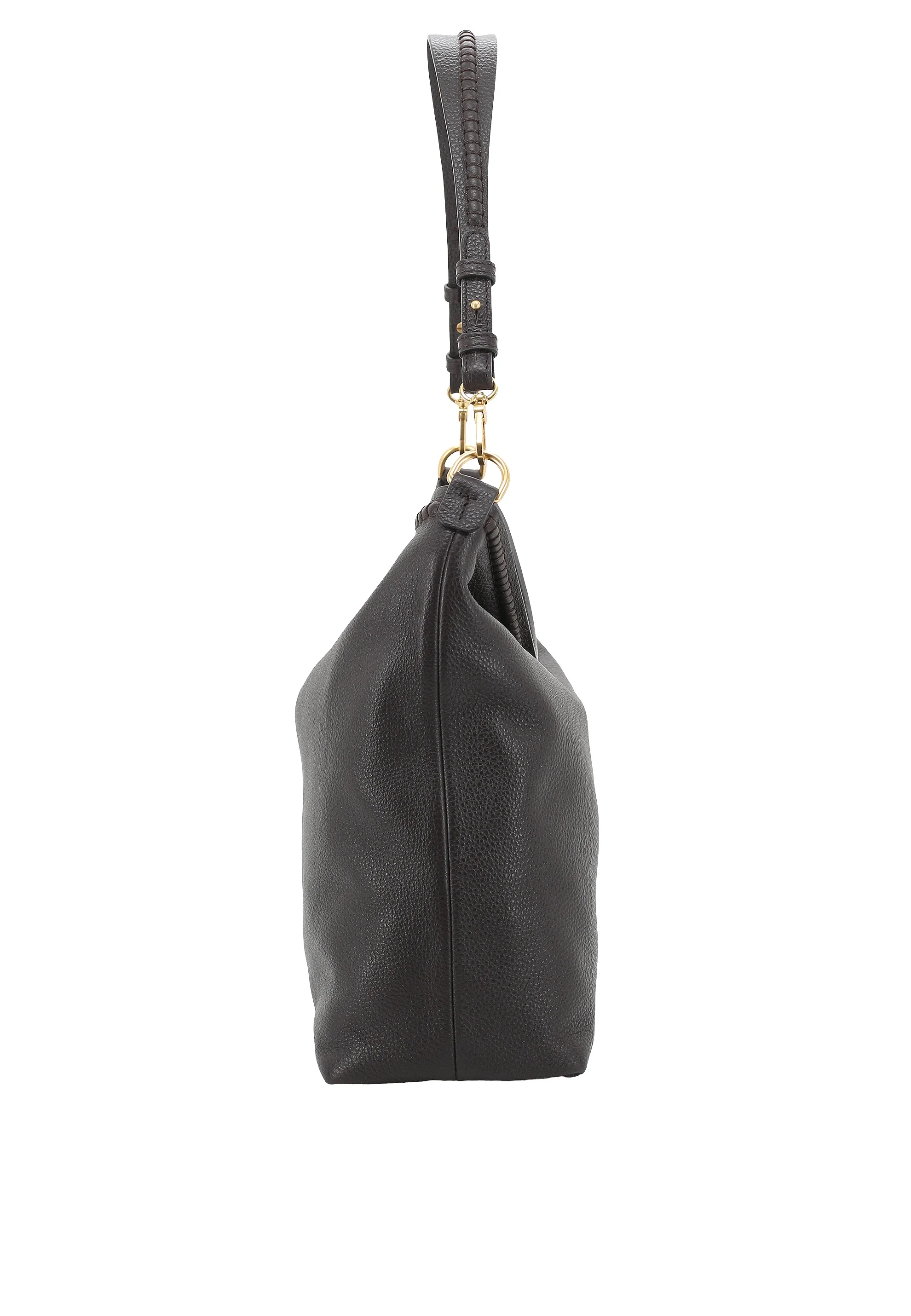Dunkelbraune Abro Tasche "Beutel SIGNATURE" aus Leder, goldene Hardware und mehrere Innentaschen.