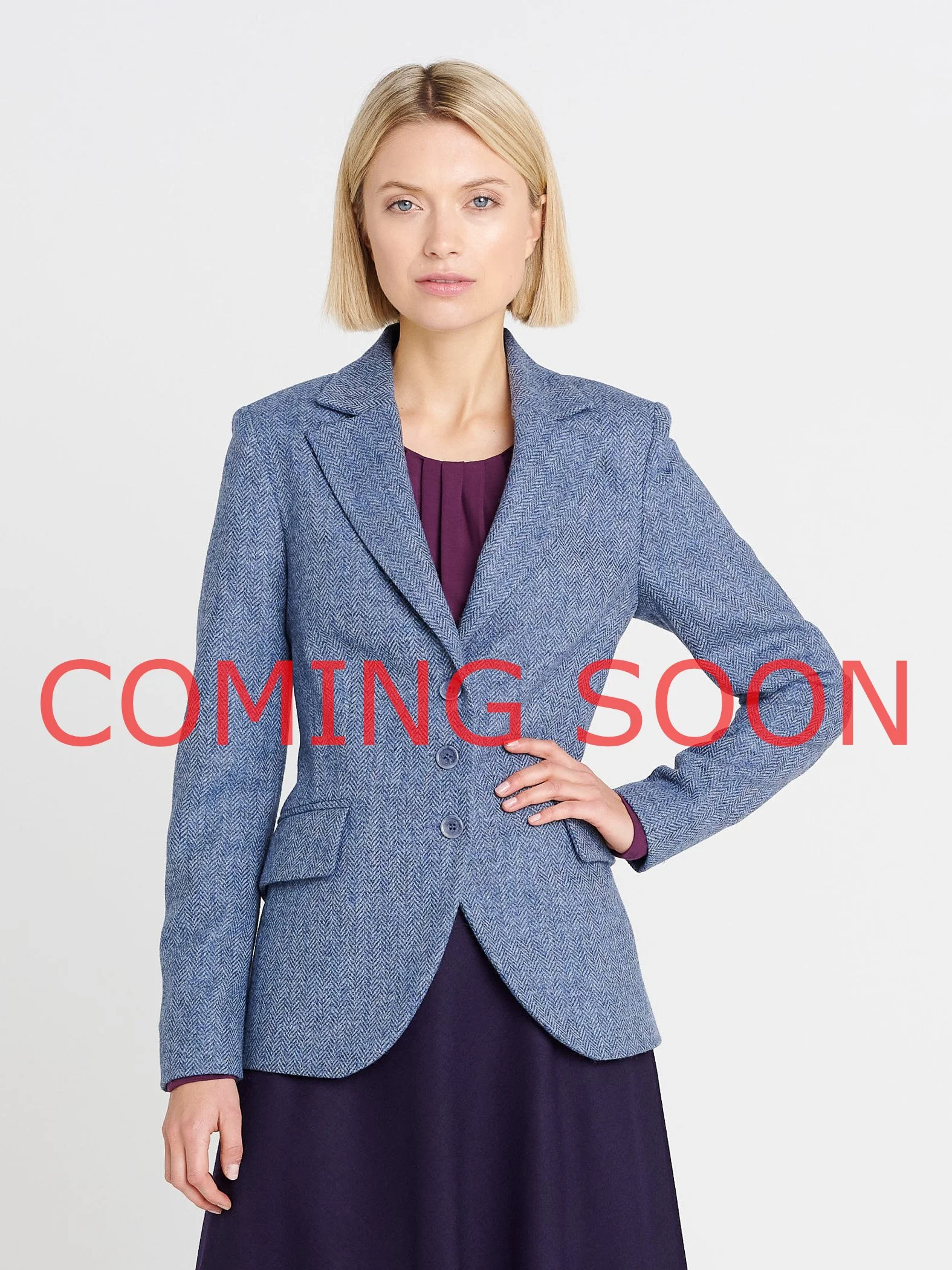Taillierter Blazer aus blau/ grauem Tweet mit Reverskragen und runder Form vorne