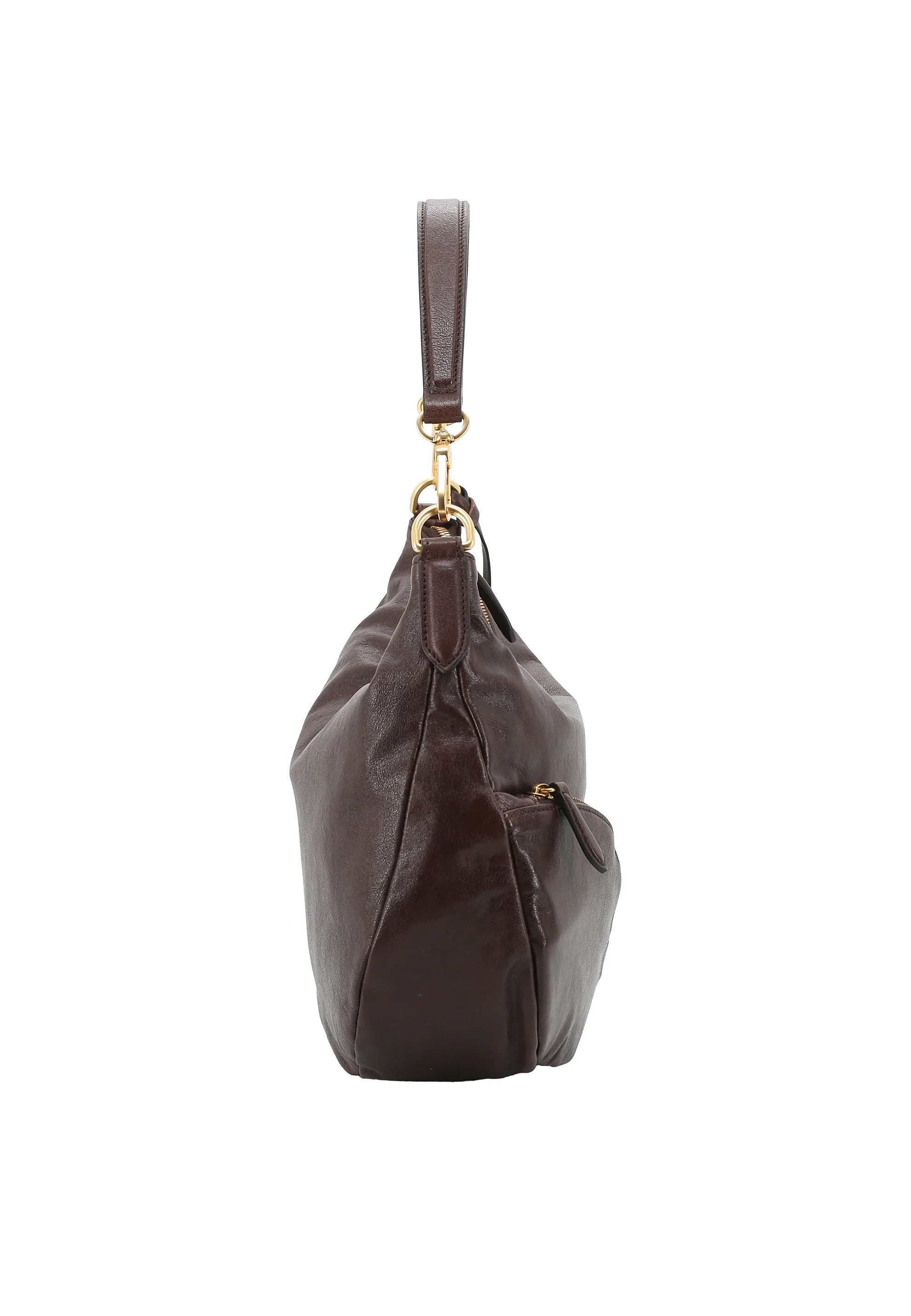 Dunkelbraune Abro-Tasche aus leicht strukturiertem Leder, zwei verschiedene Tragegurte und Reißverschluss in gold.