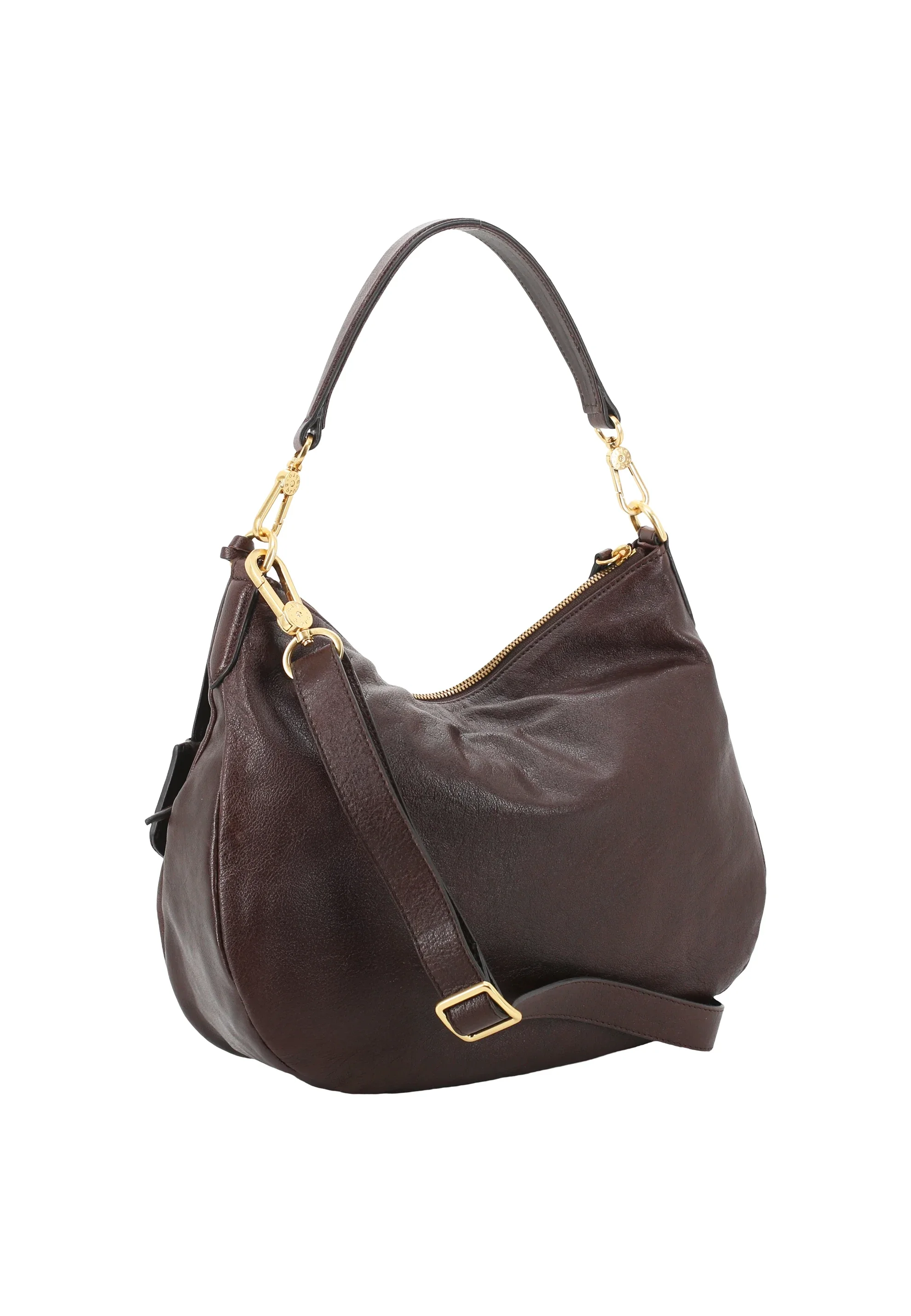 Dunkelbraune Abro-Tasche aus leicht strukturiertem Leder, zwei verschiedene Tragegurte und Reißverschluss in gold.