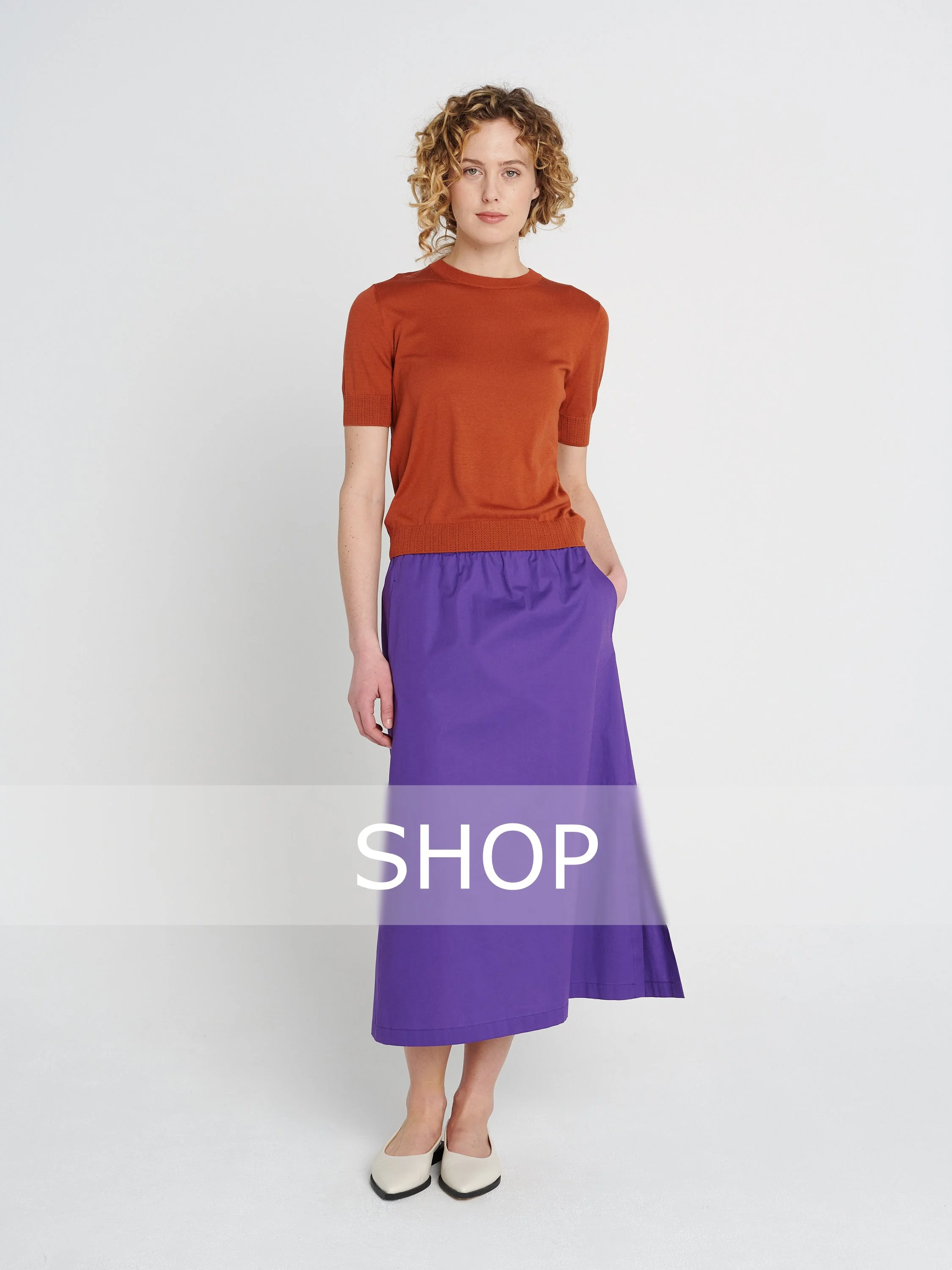 HELLO Braren Gröhnke - Rock FUNNY, lila Baumwollrock mit Schlitz, Midi und Gran Sasso Pullover, rundhals, Kupferrot