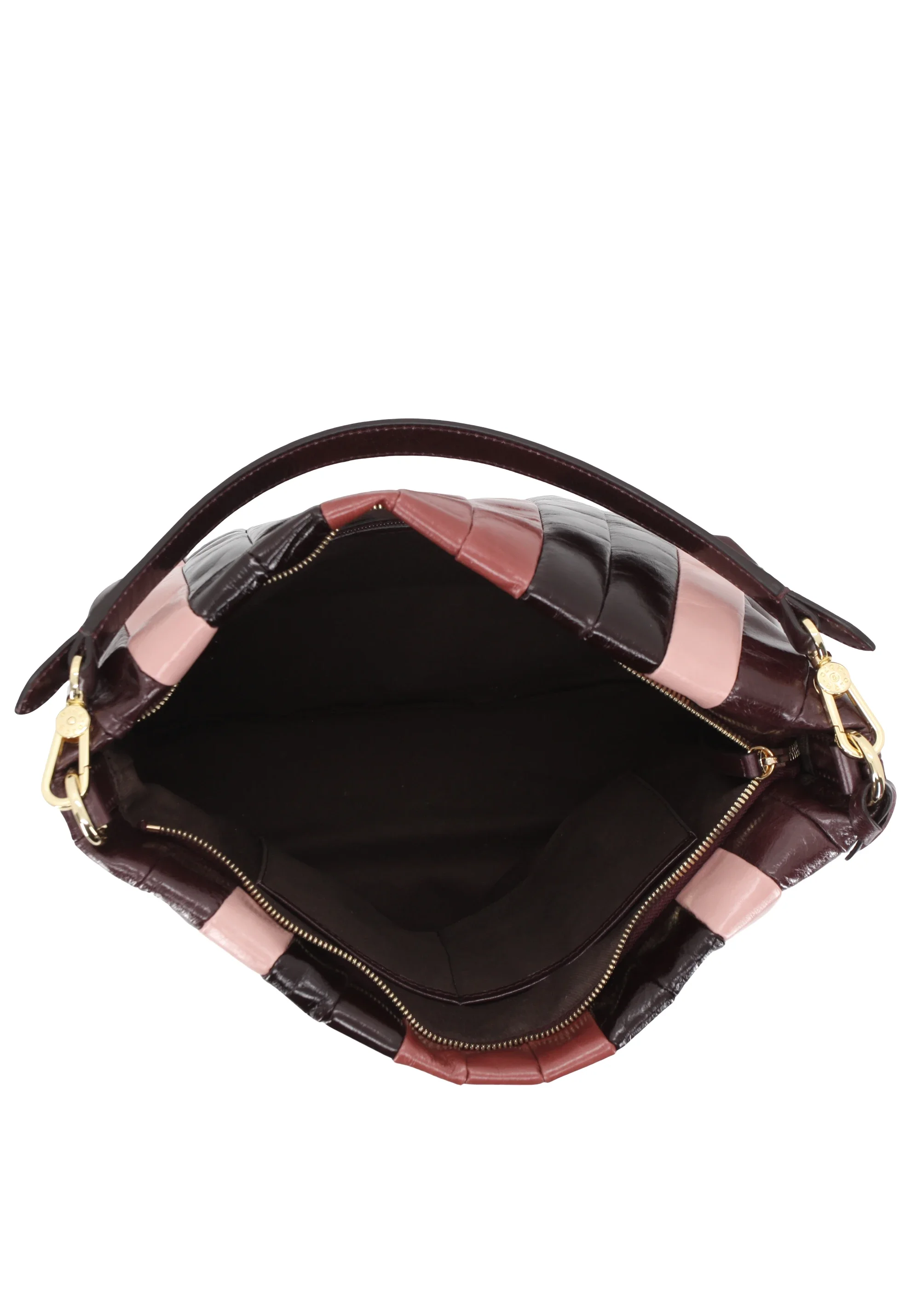 Eckige Tasche von Abro aus glänzendem Leder in dunkelbraun-rosé gestreift.