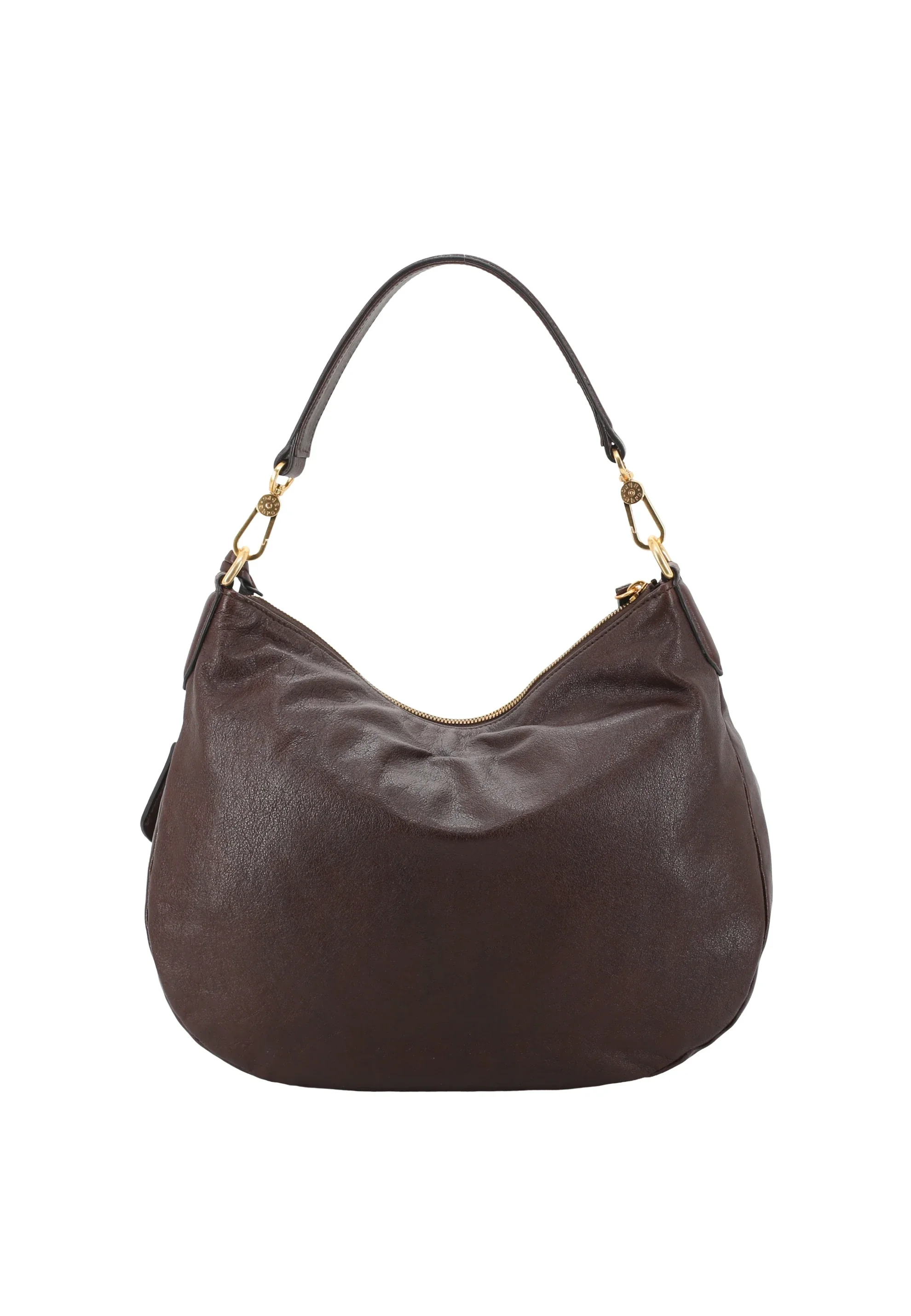 Dunkelbraune Abro-Tasche aus leicht strukturiertem Leder, zwei verschiedene Tragegurte und Reißverschluss in gold.