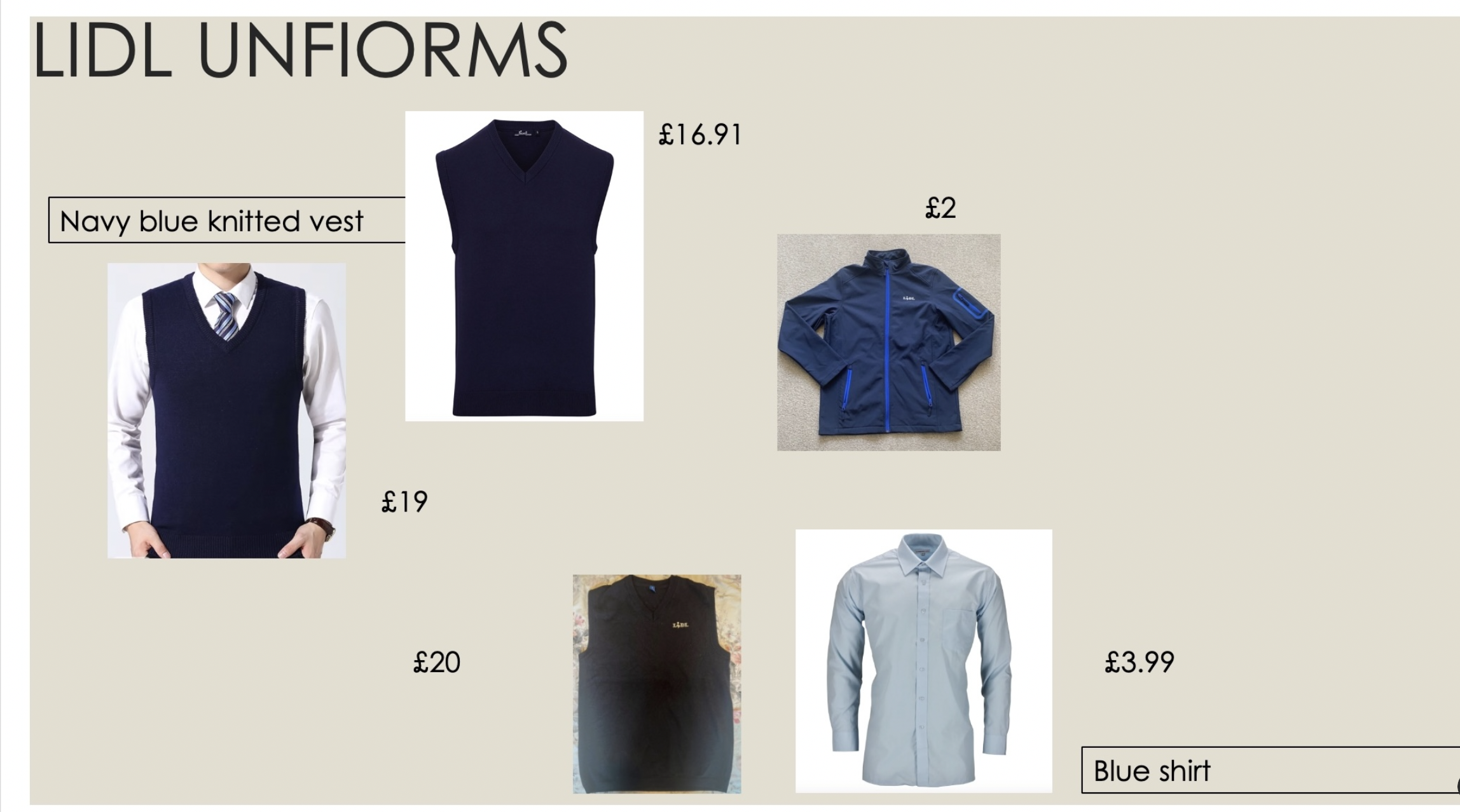 Powerpoint moodpboard of all the clothes I found to give to my designer Llew