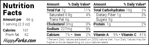 Per ~1/2c. serving: 101 cal. 7g fat. 0.8g saturated fat. 0g trans fat. 0mg cholesterol. 227mg sodium. 10 g. carbohydrates. 1 g. fiber. 5 g. added sugar. 1 g. protein. Vitamin A: 9% of Daily Value. Vitamin C: 41% of Daily Value.