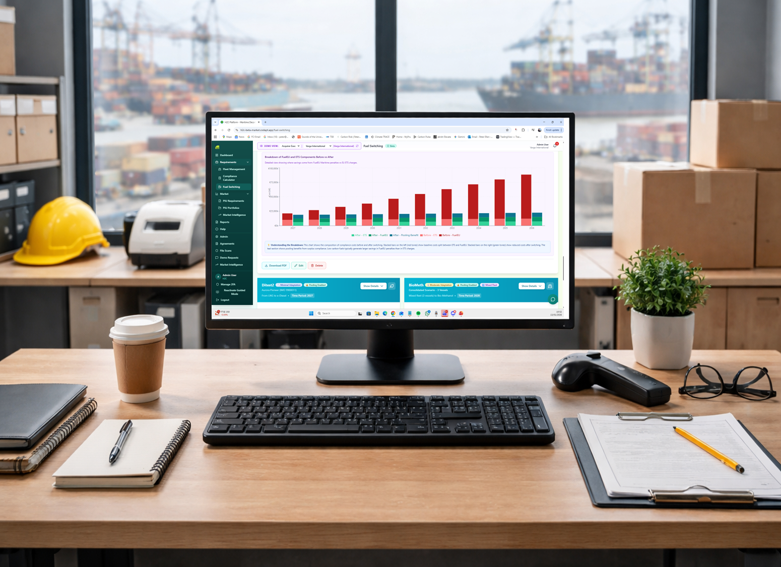 Office desk with computer displaying a bar graph on fuel switching, a coffee cup, notebooks, pen, glasses, a clipboard with papers and a pen, a black gaming controller, a plant, a hard hat, and a radio, with large windows showing a shipping port in the background.