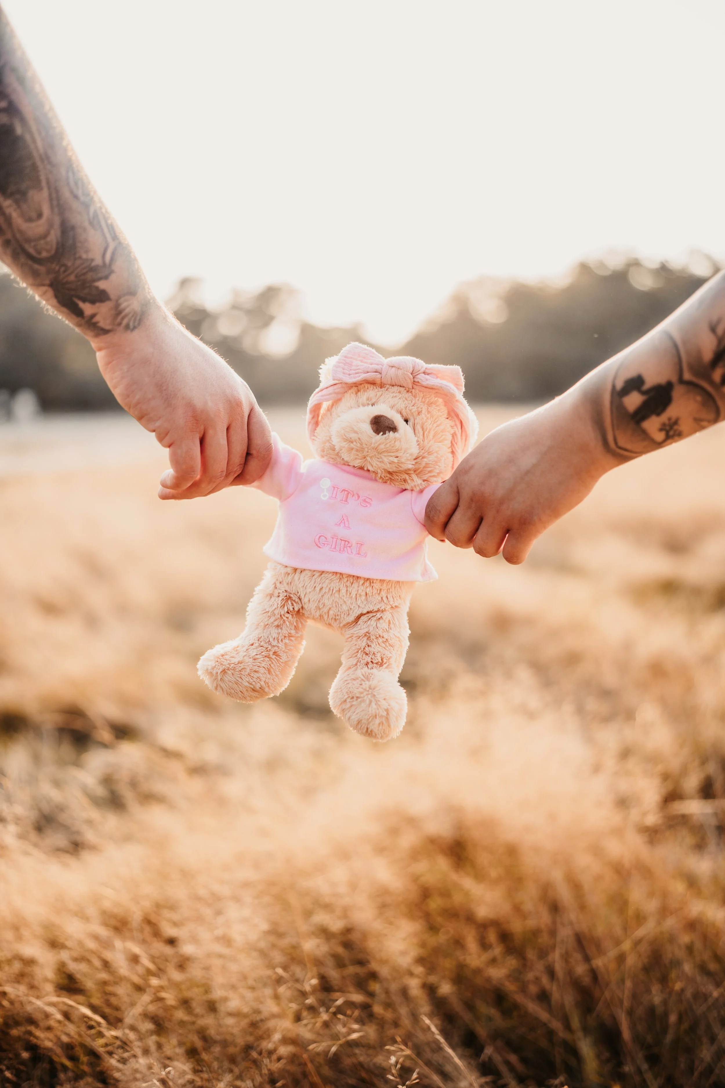 Zwei tätowierte Hände halten einen Teddy-Bären in einer weiten Wiese bei Sonnenuntergang, der Teddy trägt ein rosa Shirt mit der Aufschrift 'Hips A Girl'.