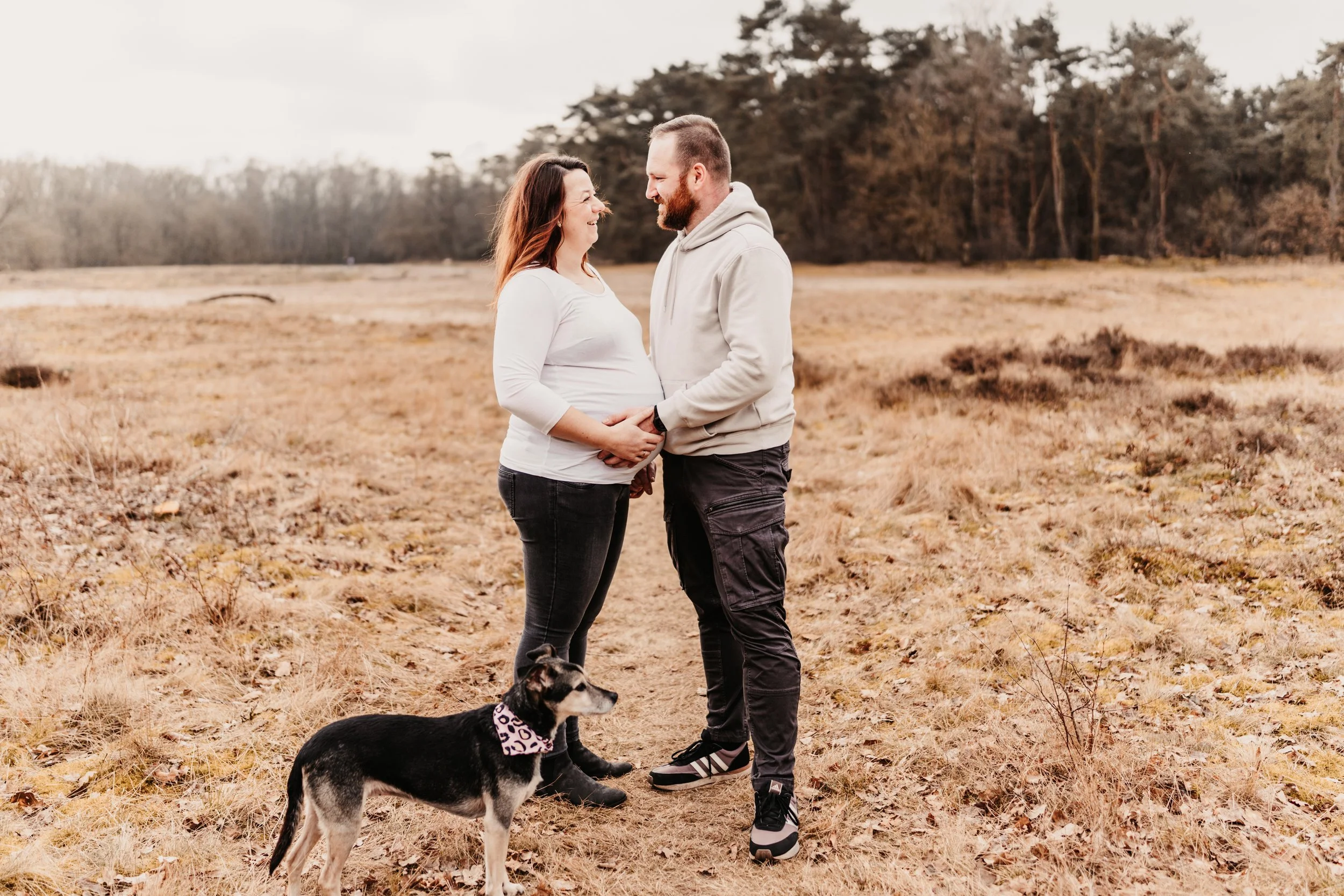 Ein Paar steht sich in einem Feld gegenüber, hält sich an den Händen und schaut sich liebevoll an, während ein Hund neben ihnen sitzt. Im Hintergrund sind Bäume und ein bewölkter Himmel zu sehen.