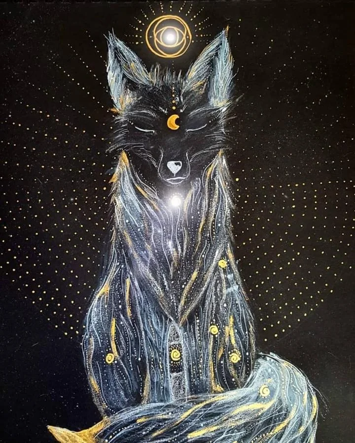 A mystical painting of a fox with closed eyes, adorned with celestial symbols like moons and stars, and glowing lines and dots on a dark background.