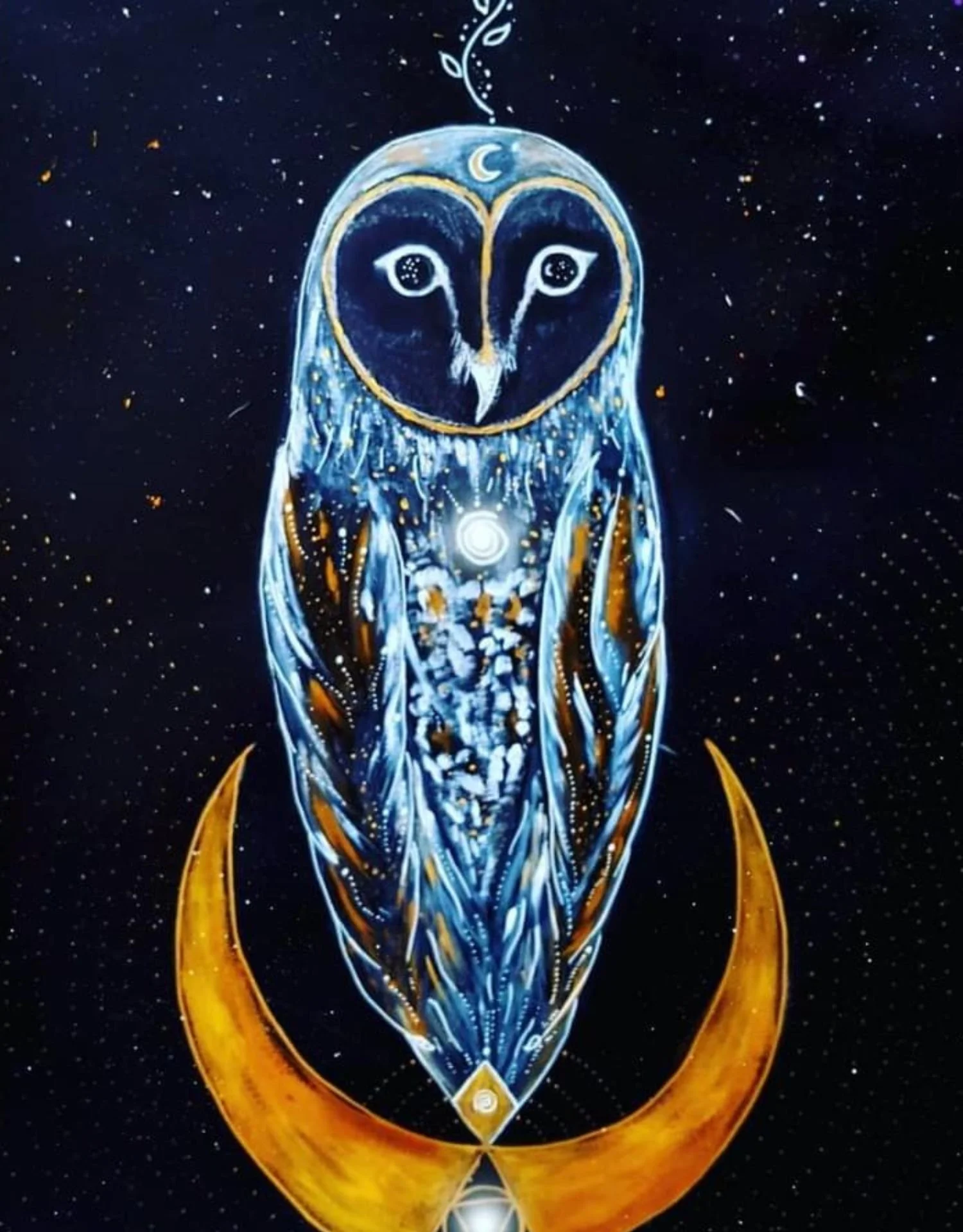 A stylized illustration of an owl with cosmic and psychedelic details, featuring a dark background with star-like speckles.