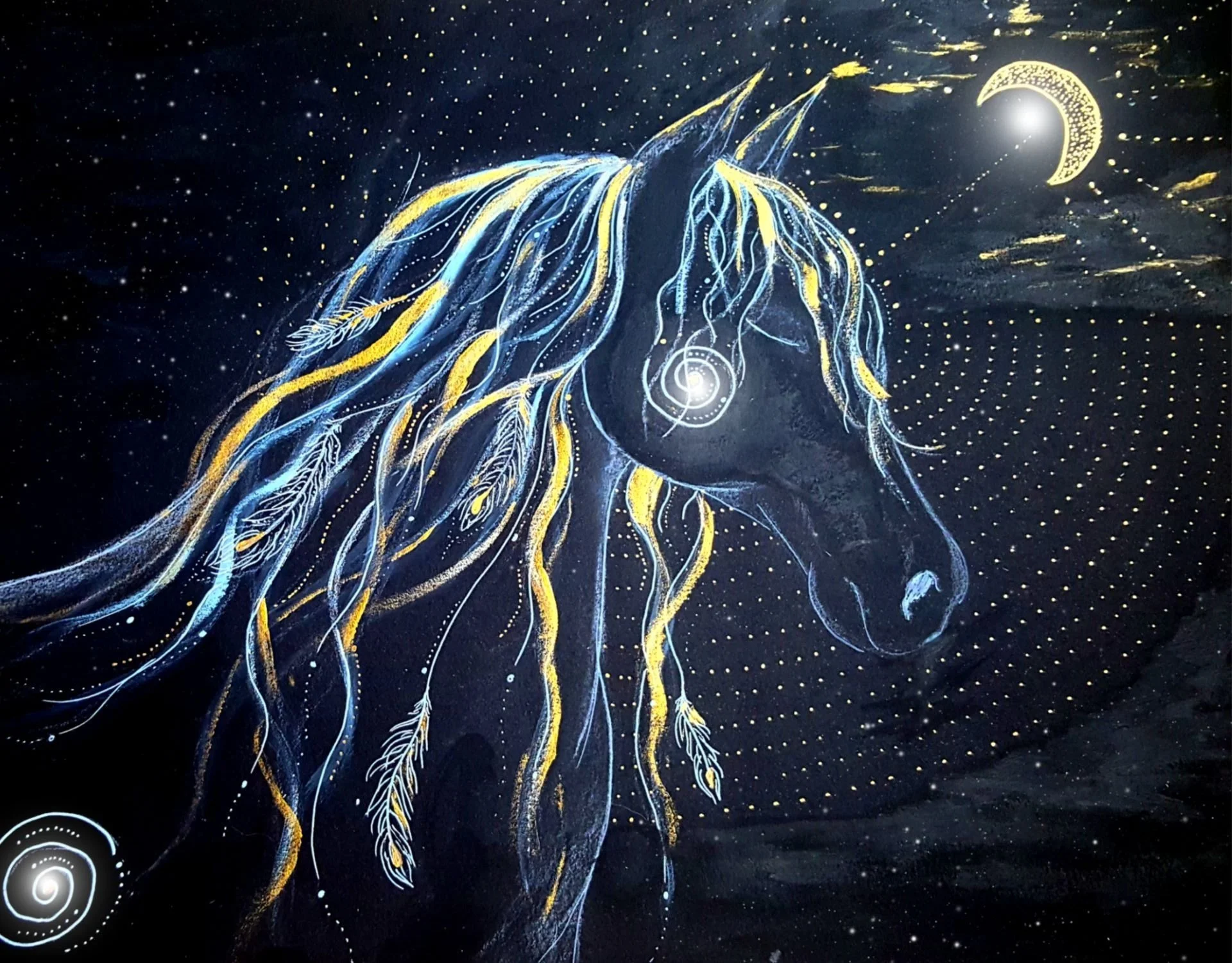 A luminous, artistic depiction of a unicorn with flowing hair and feathers, set against a starry, cosmic background with glowing celestial bodies.